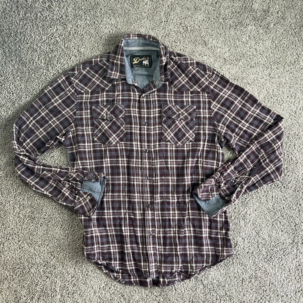 Dukes Mens Pearl Snap Shirt Sportswear Medium Plaid Long Sleeve Flannel